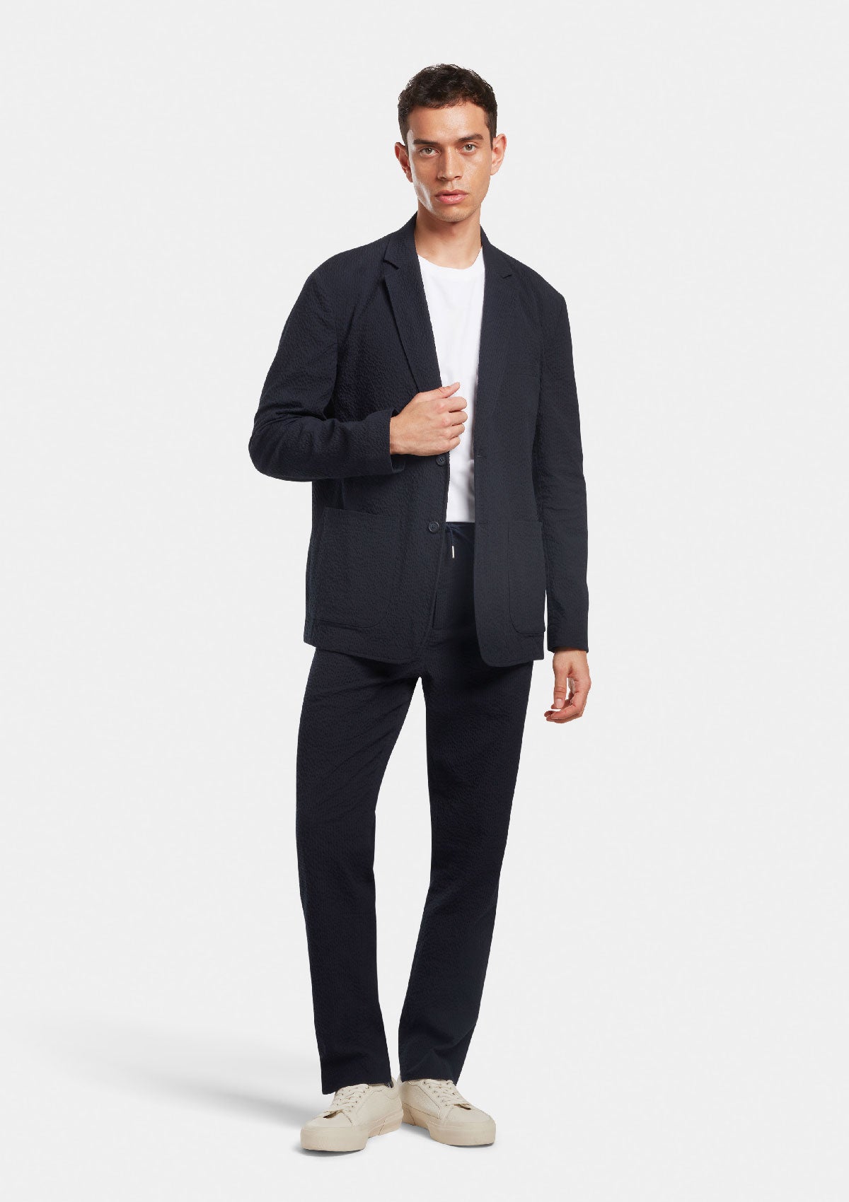 Navy Seersucker Drawstring Trousers, Casual Trousers - SIRPLUS