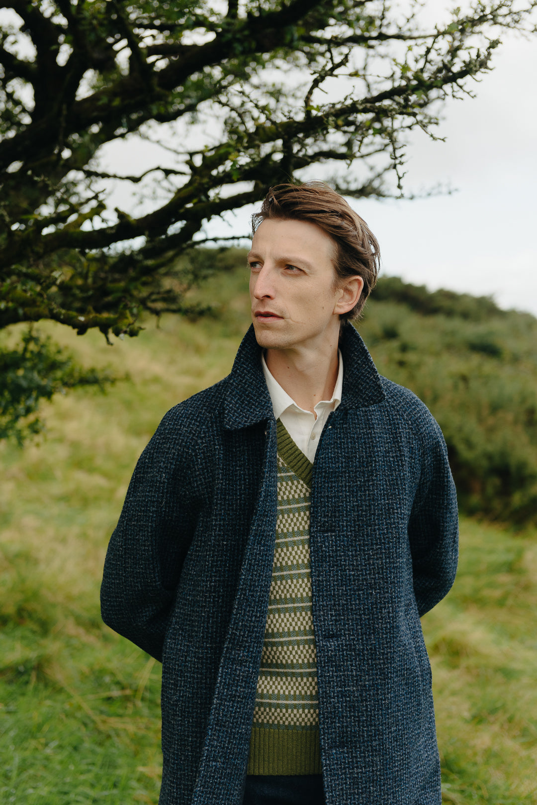 Blue Basketweave Harris Tweed Wool Overcoat, Coat - SIRPLUS