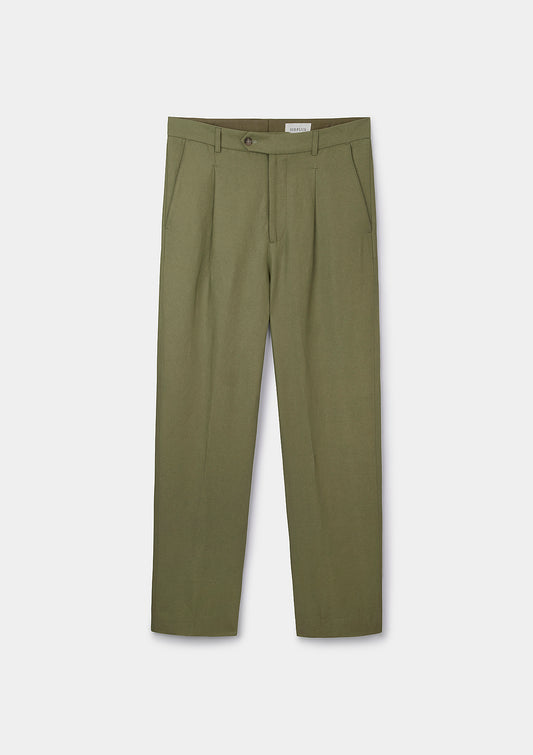 Sage Green Cotton Linen Pleated Trousers, Casual Trousers - SIRPLUS