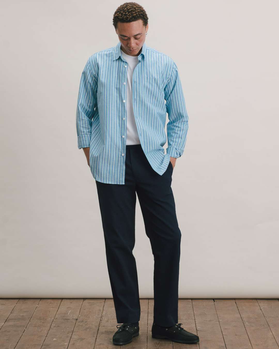Blue & Green Cotton Linen Stripe Shirt