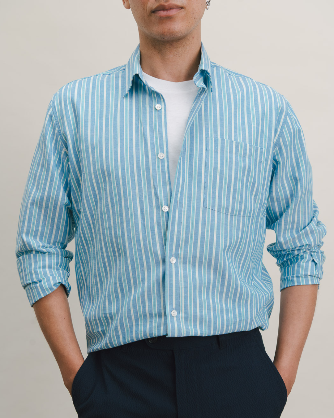 Blue & Green Cotton Linen Stripe Shirt