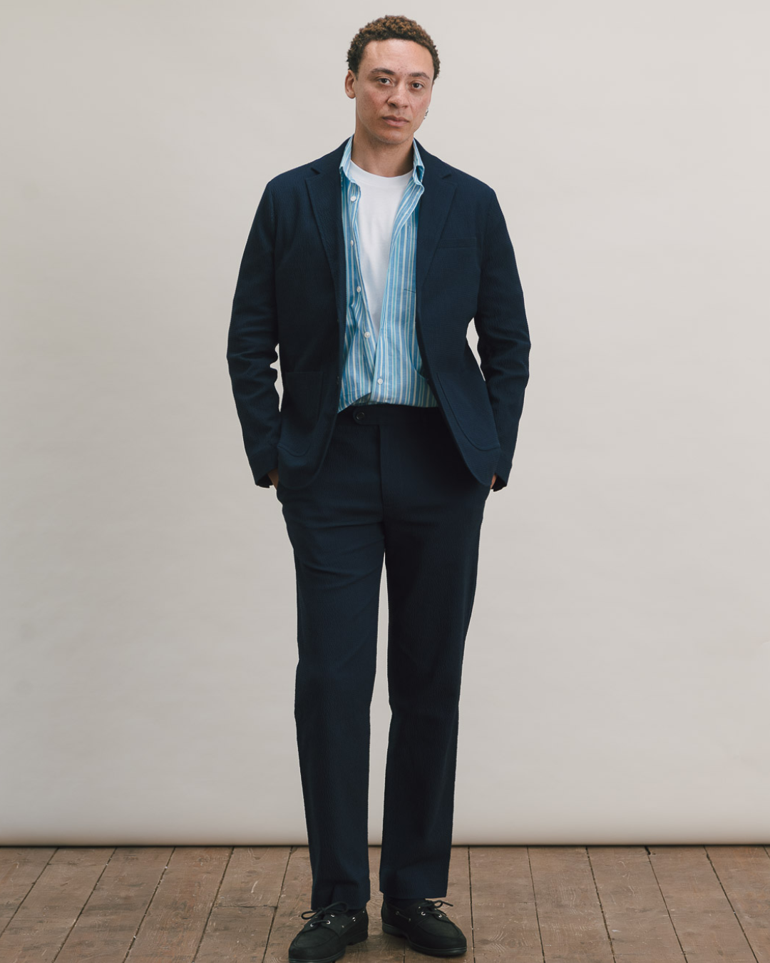 Dark Navy Seersucker Casual Trousers