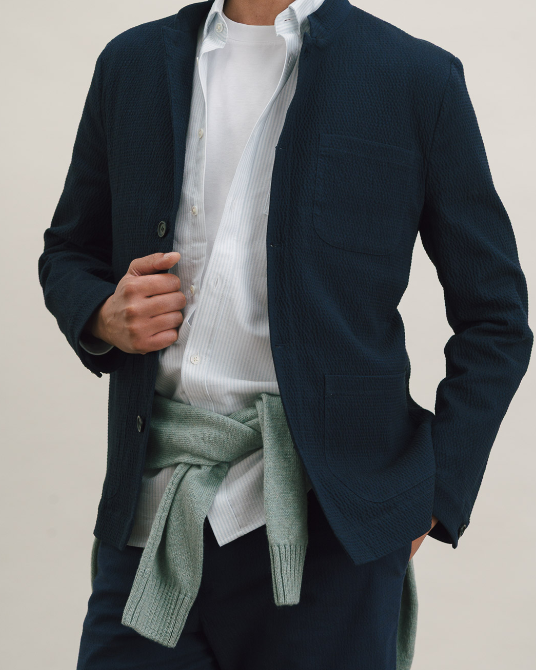 Dark Navy Seersucker Casual Nehru Jacket