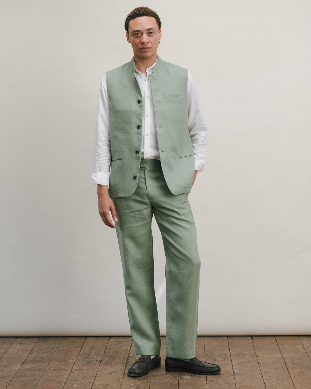 Ash Green Linen Nehru Waistcoat