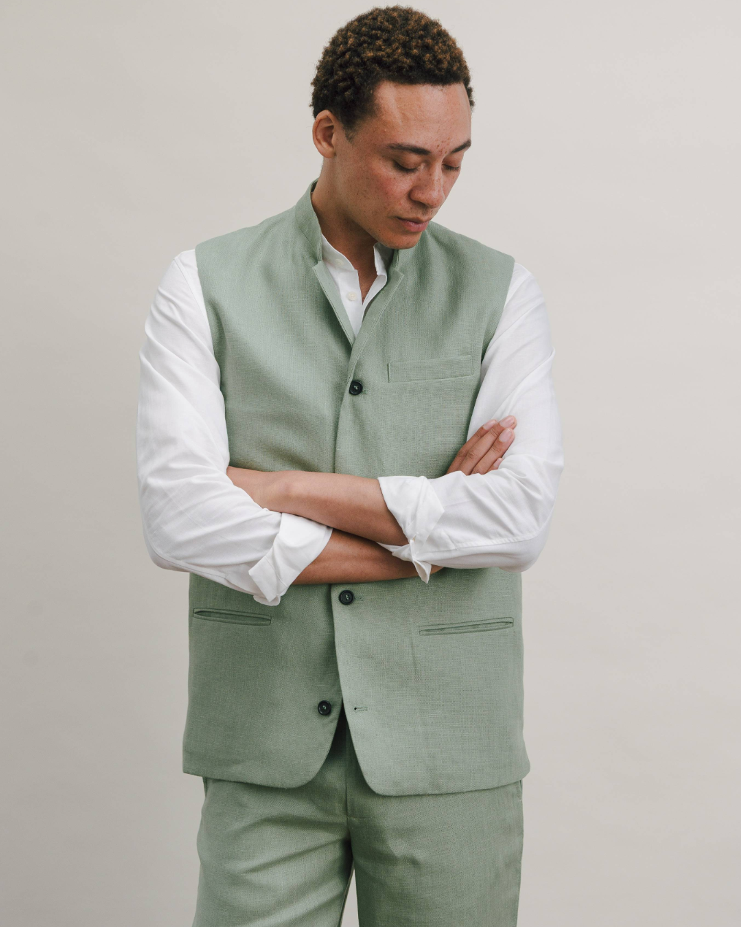 Ash Green Linen Nehru Waistcoat