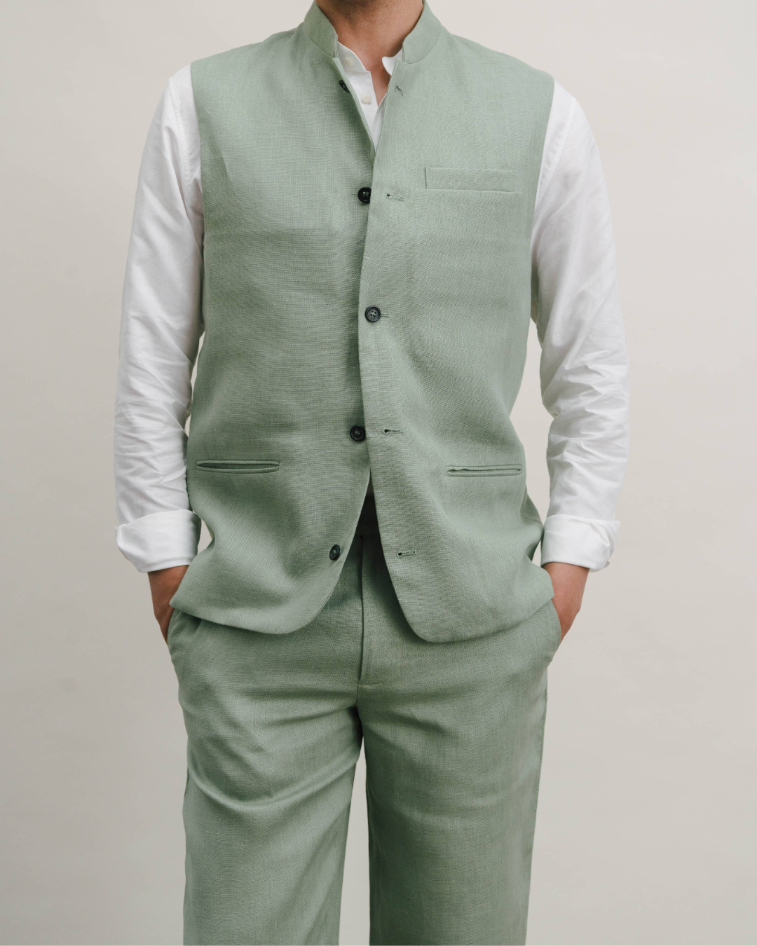 Ash Green Linen Nehru Waistcoat