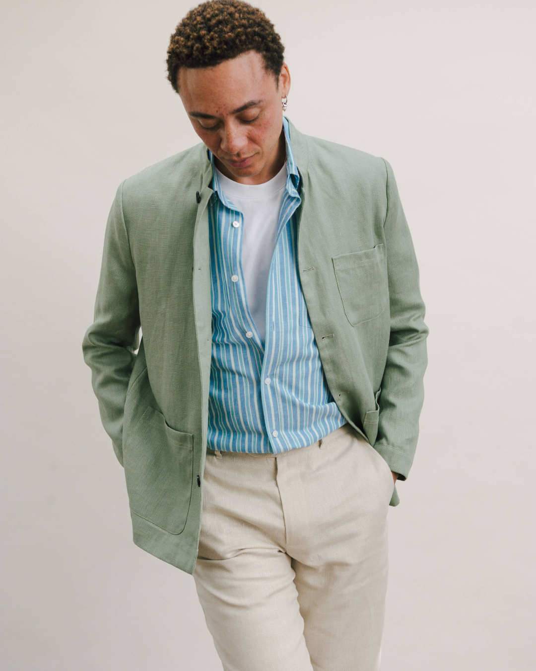 Ash Green Linen Casual Nehru Jacket