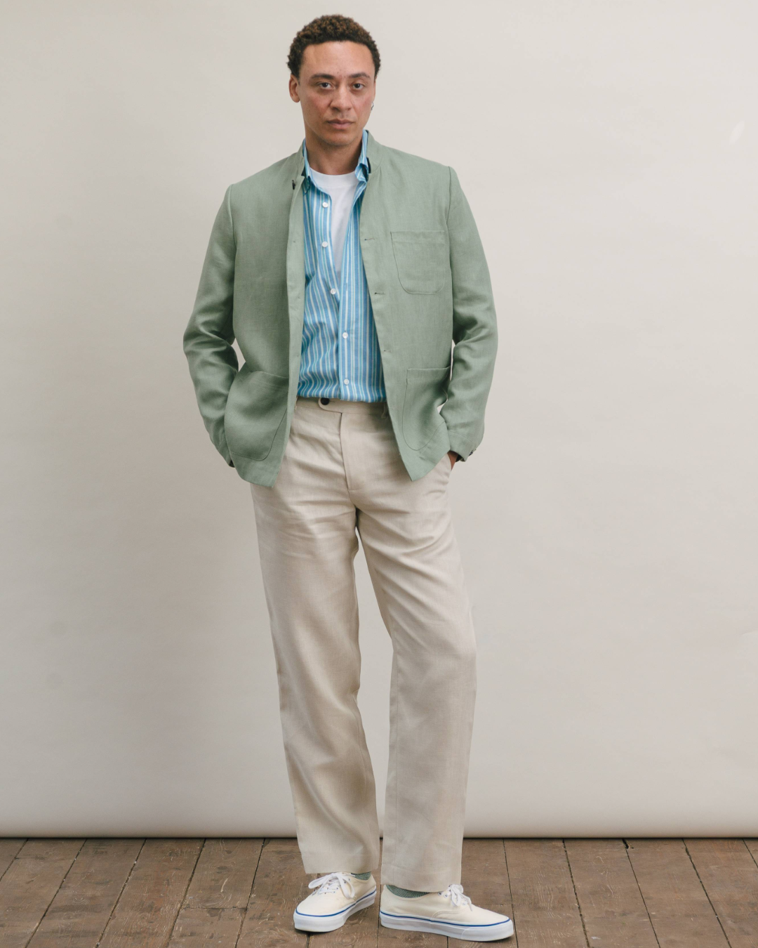 Ash Green Linen Casual Nehru Jacket