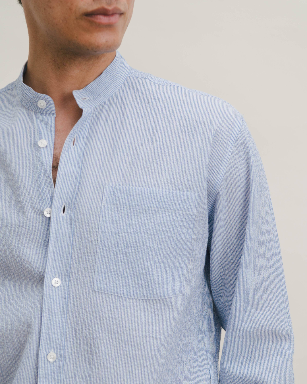 White Seersucker Stripe Grandad Shirt