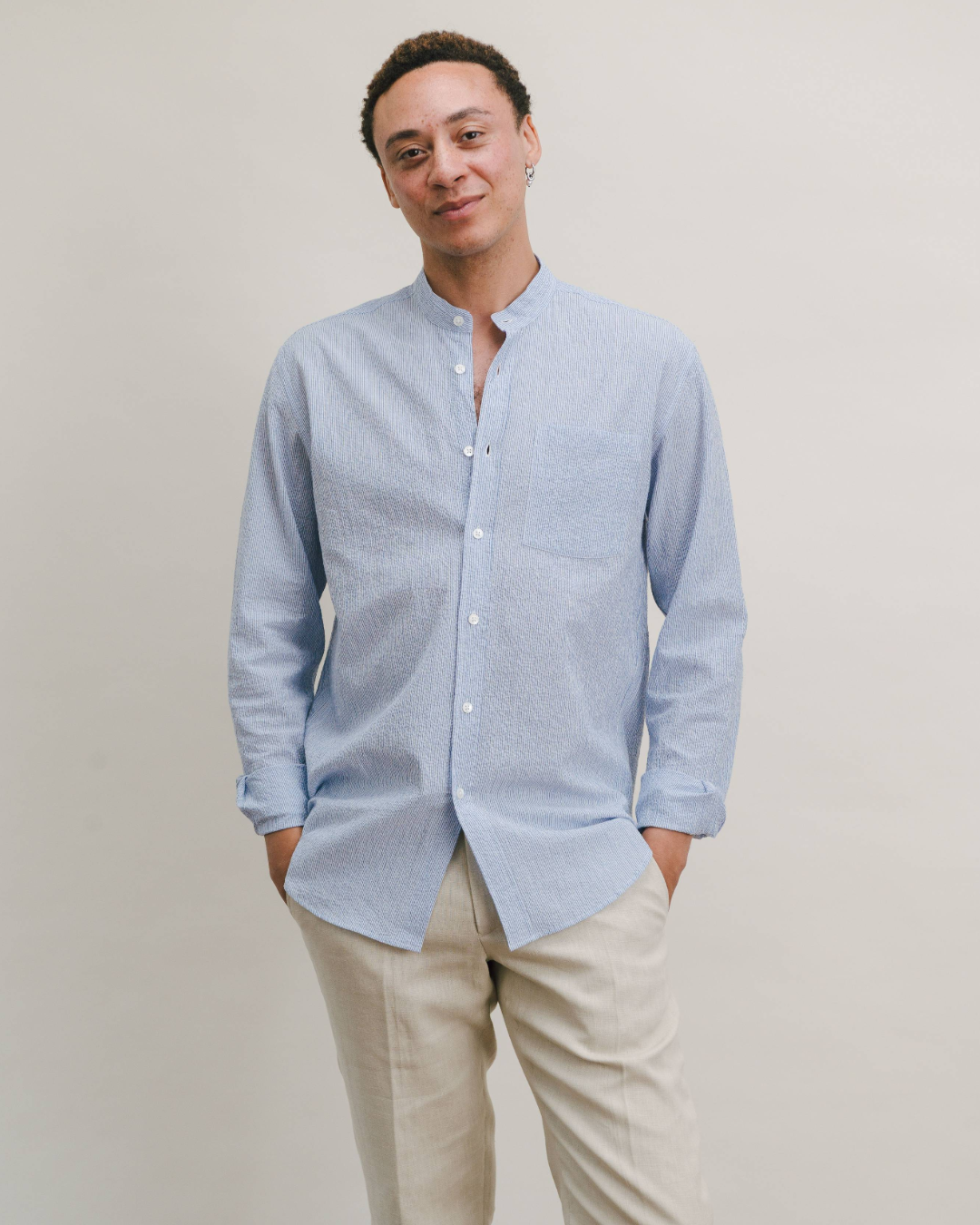 White Seersucker Stripe Grandad Shirt