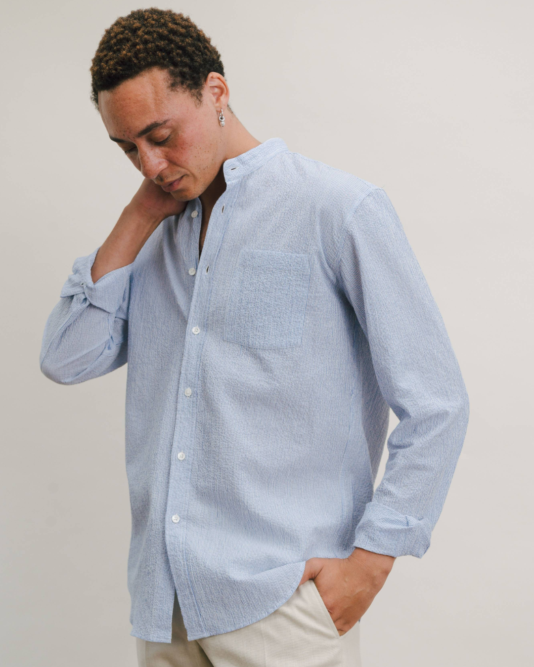 White Seersucker Stripe Grandad Shirt