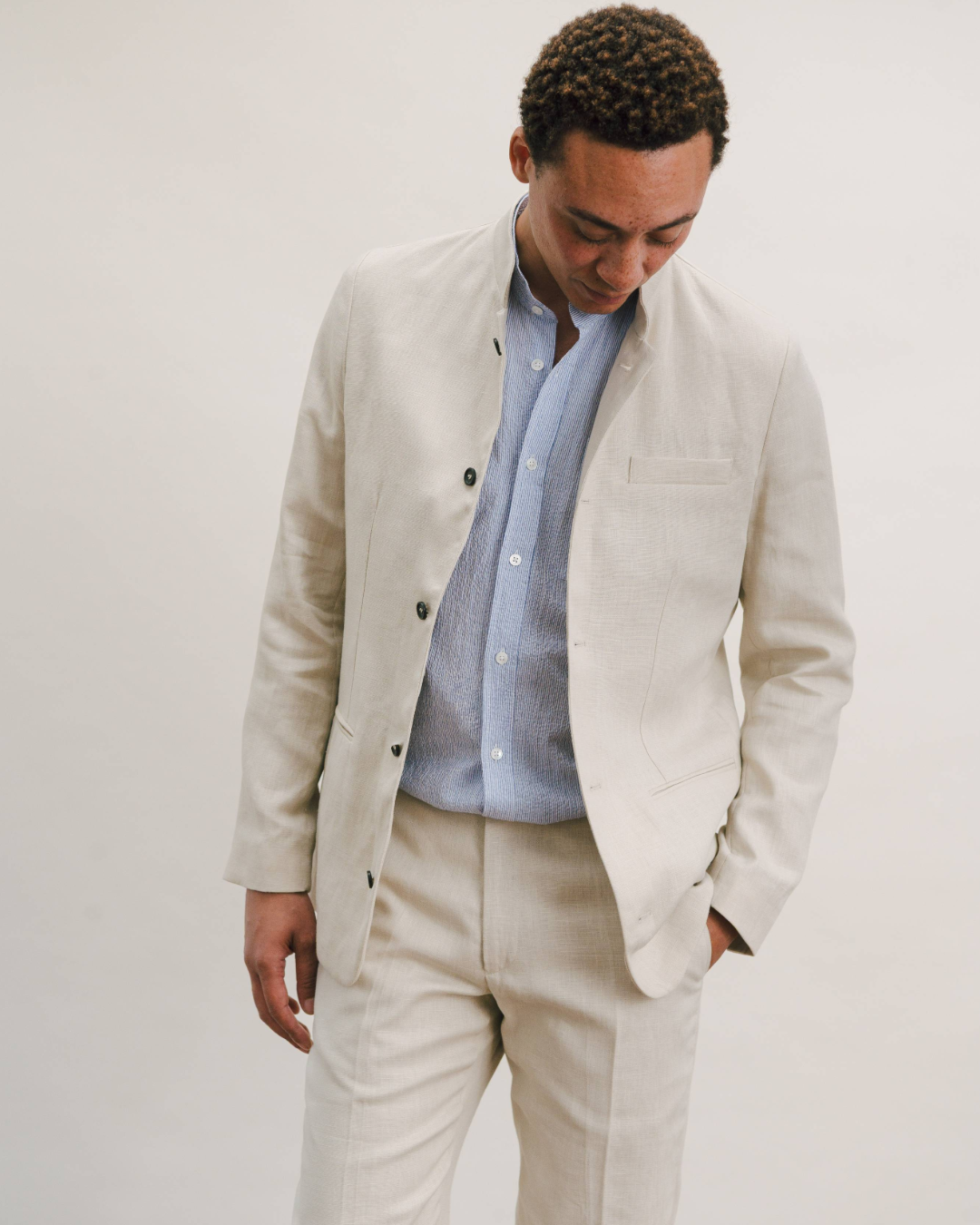 White Seersucker Stripe Grandad Shirt