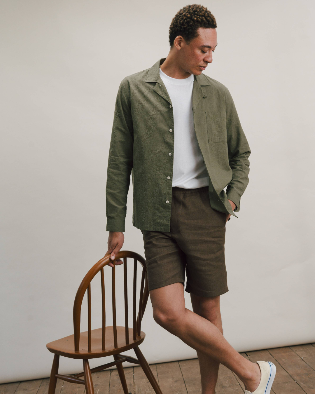 Olive Green Seersucker Long-Sleeved Cuban Shirt