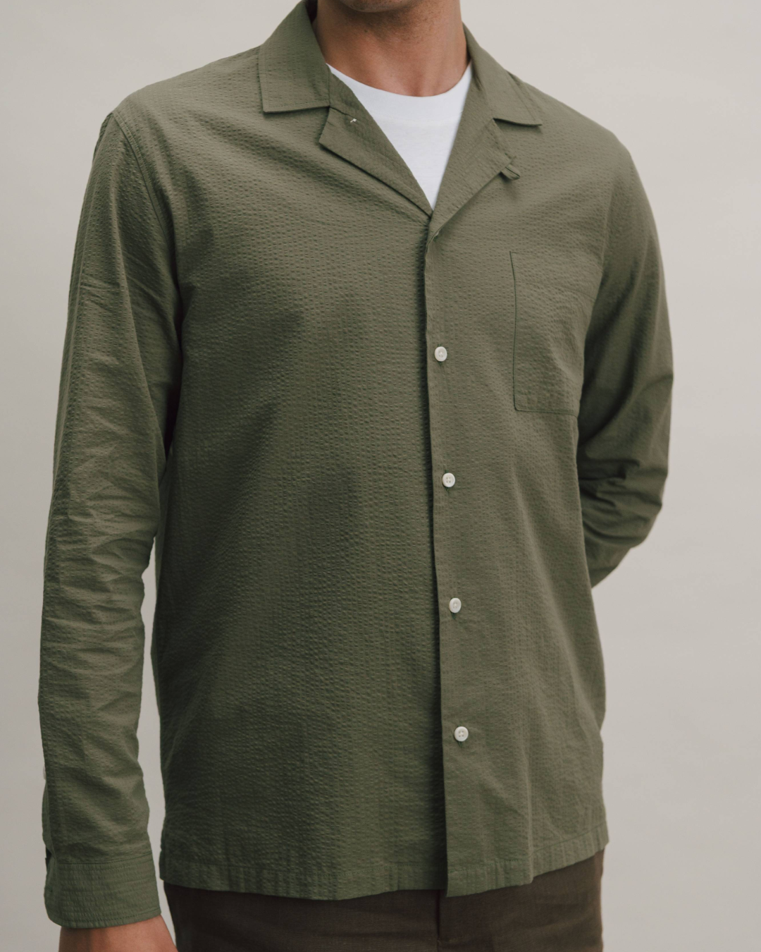 Olive Green Seersucker Long-Sleeved Cuban Shirt
