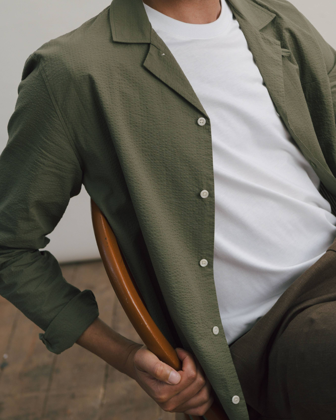 Olive Green Seersucker Long-Sleeved Cuban Shirt