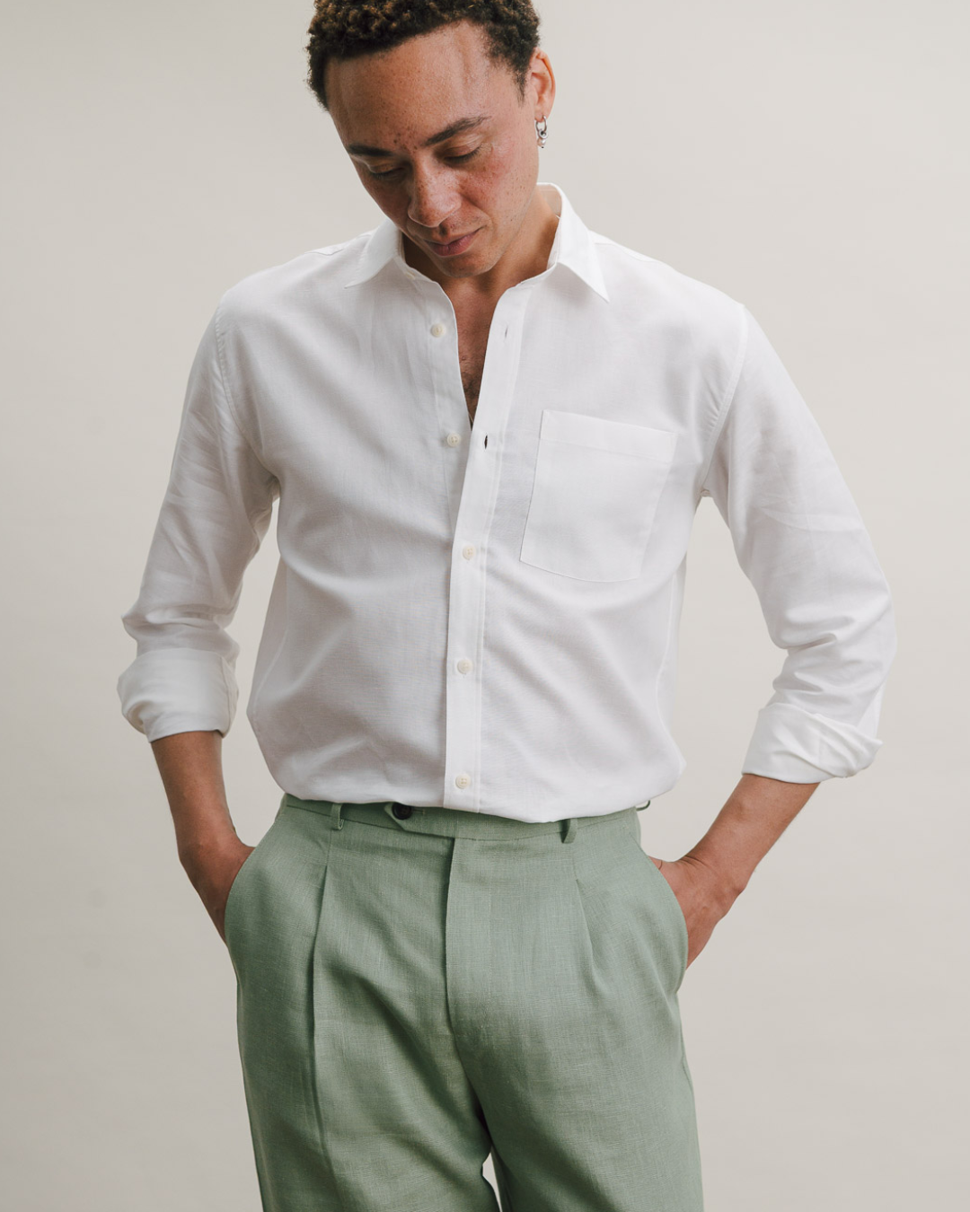 White Cotton Linen Collared Shirt