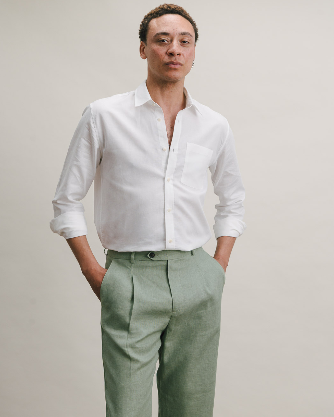White Cotton Linen Collared Shirt