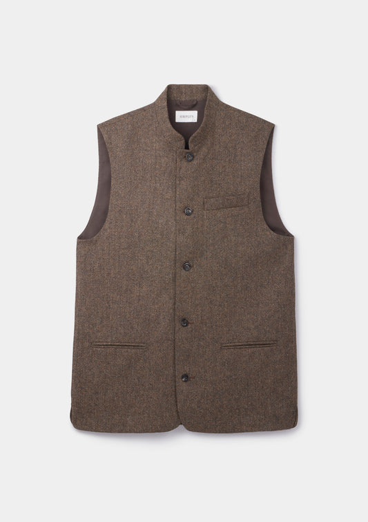 Mid Brown Merino Tweed Nehru Waistcoat, Nehru Waistcoat - SIRPLUS