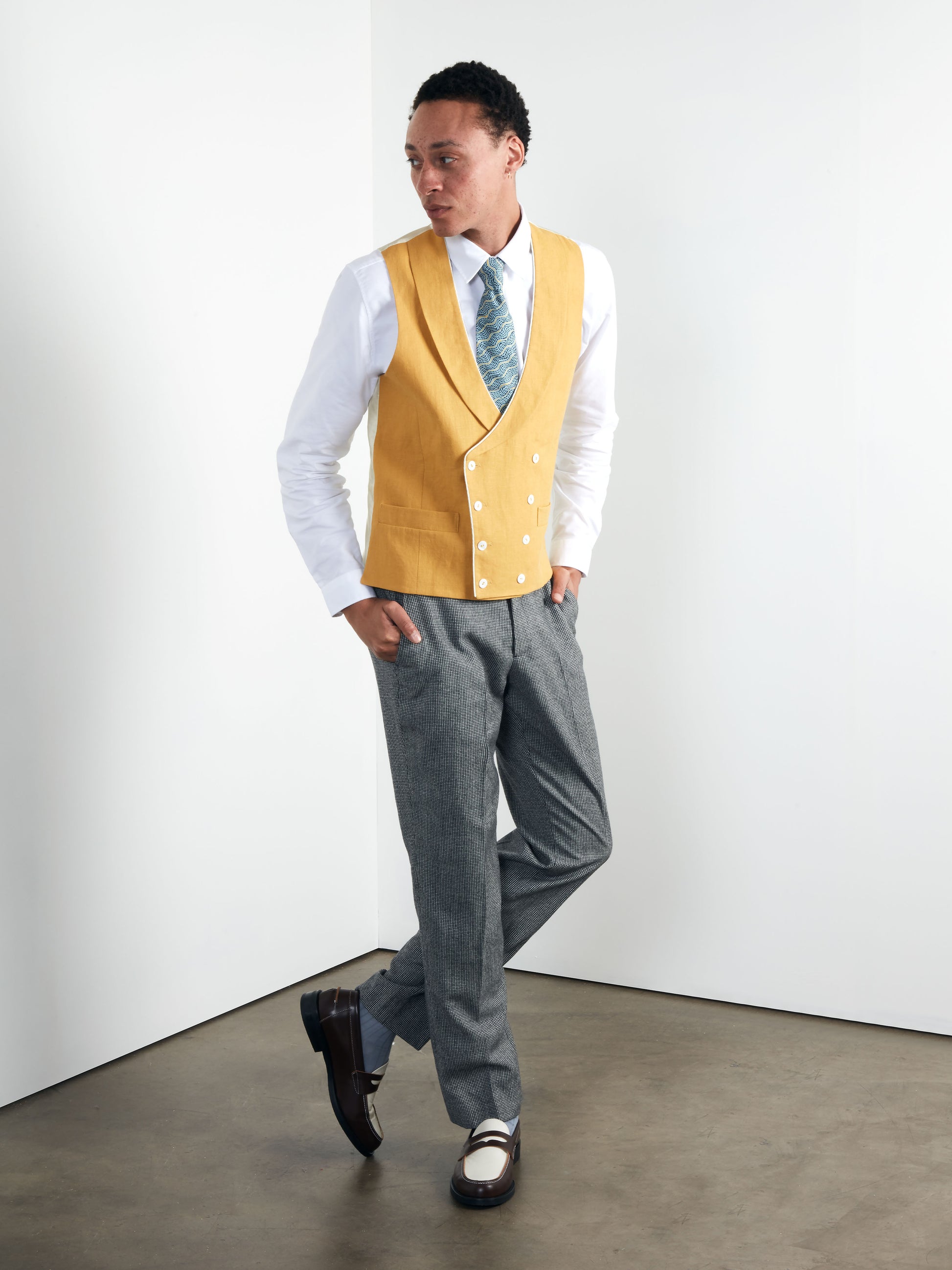 Mustard Shawl Lapel Double-Breasted Waistcoat, Double Breasted Waistcoat - SIRPLUS