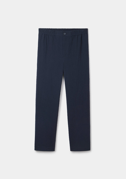 Navy Seersucker Drawstring Trousers, Casual Trousers - SIRPLUS