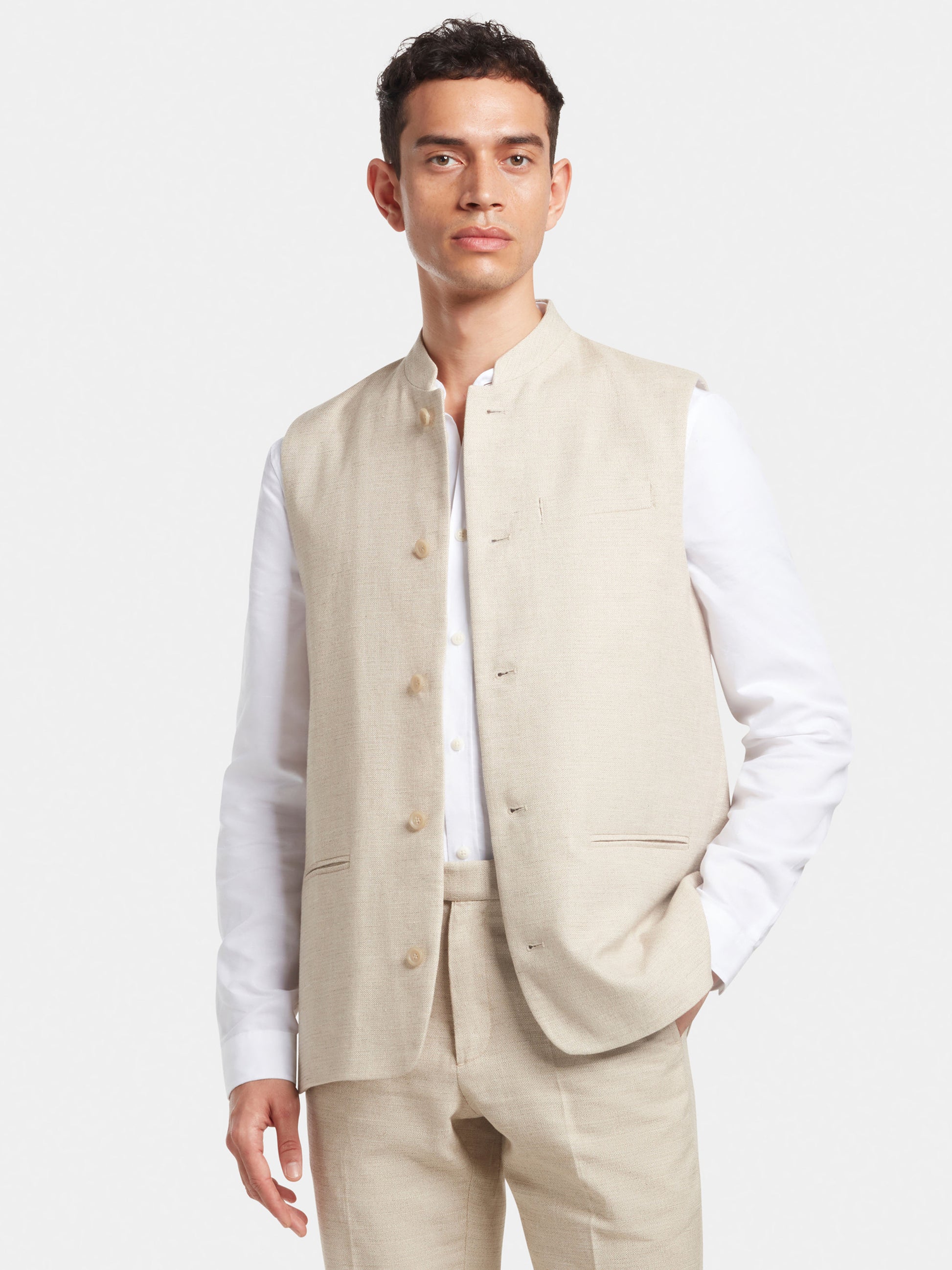 Sand Cotton Linen Nehru Waistcoat, Nehru Waistcoat - SIRPLUS