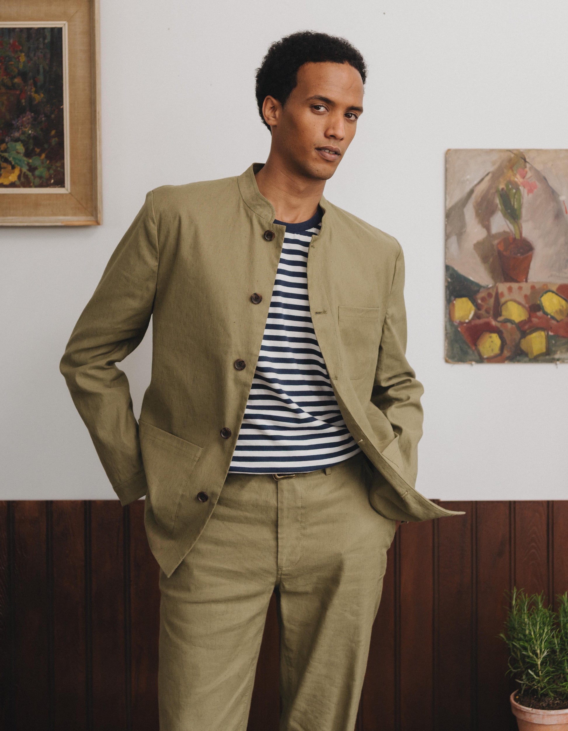Lichen Green Cotton Linen Nehru Suit, Suits - SIRPLUS