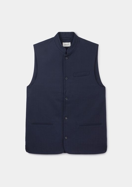 Navy Herringbone Cotton Linen Nehru Waistcoat, Nehru Waistcoat - SIRPLUS