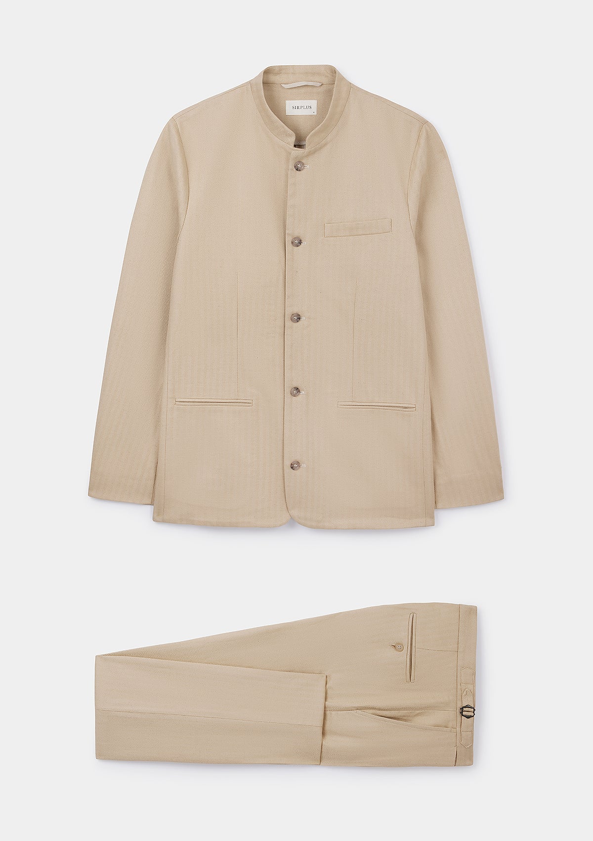 Sand Herringbone Cotton Linen Nehru Suit, Suits - SIRPLUS