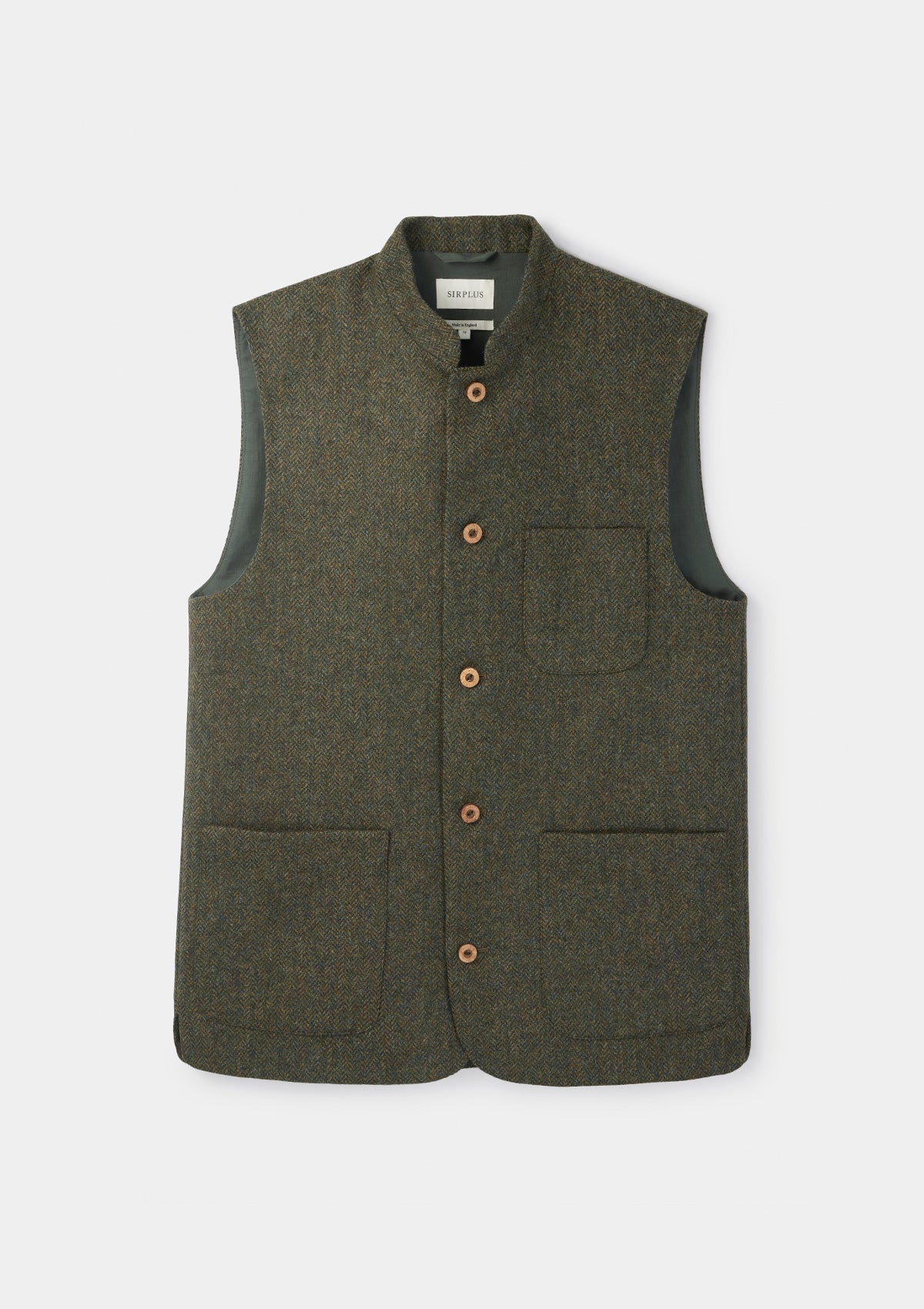 Green Herringbone Tweed Nehru Waistcoat, Nehru Waistcoats - SIRPLUS