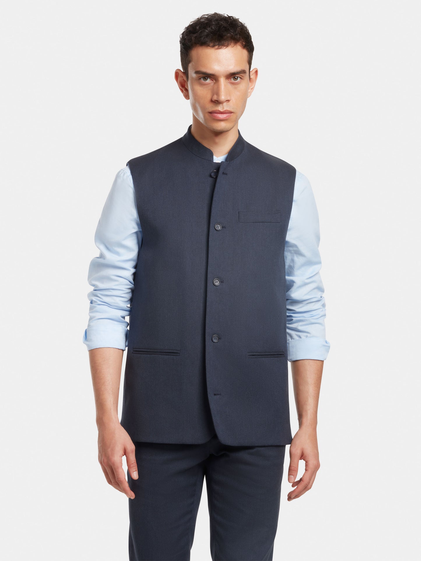Navy Cotton Linen Nehru Waistcoat, Nehru Waistcoats - SIRPLUS