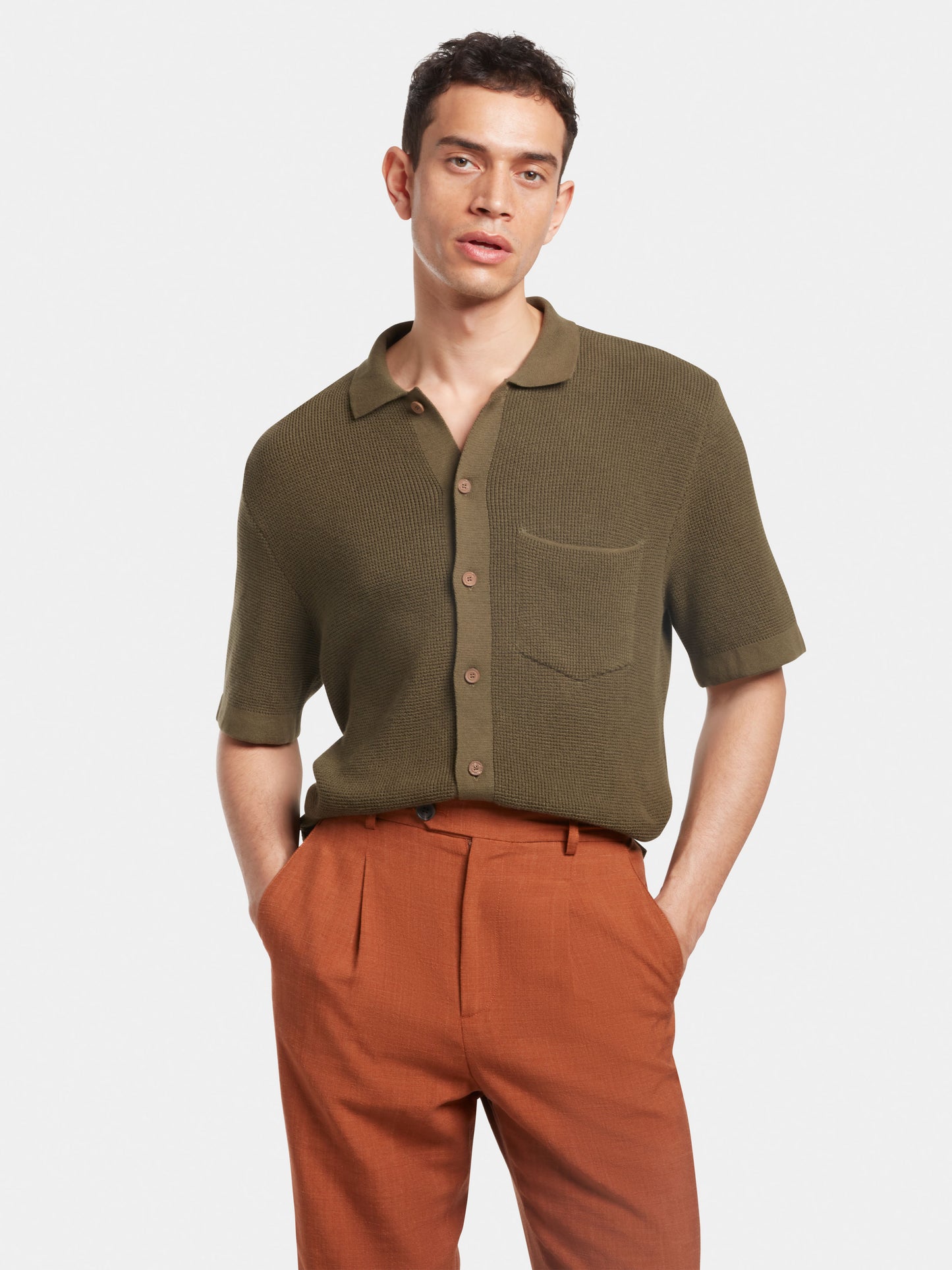 Olive Waffle Knit Polo, Polo Shirts - SIRPLUS